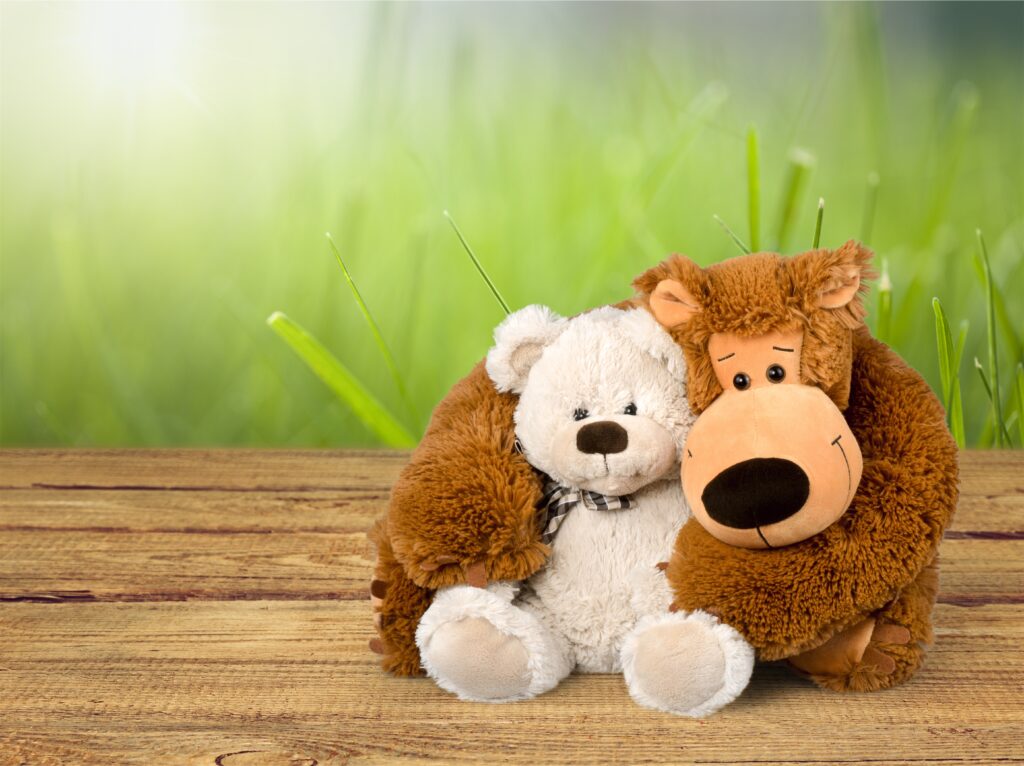 Stuffed animals make great companions at a picnic.
