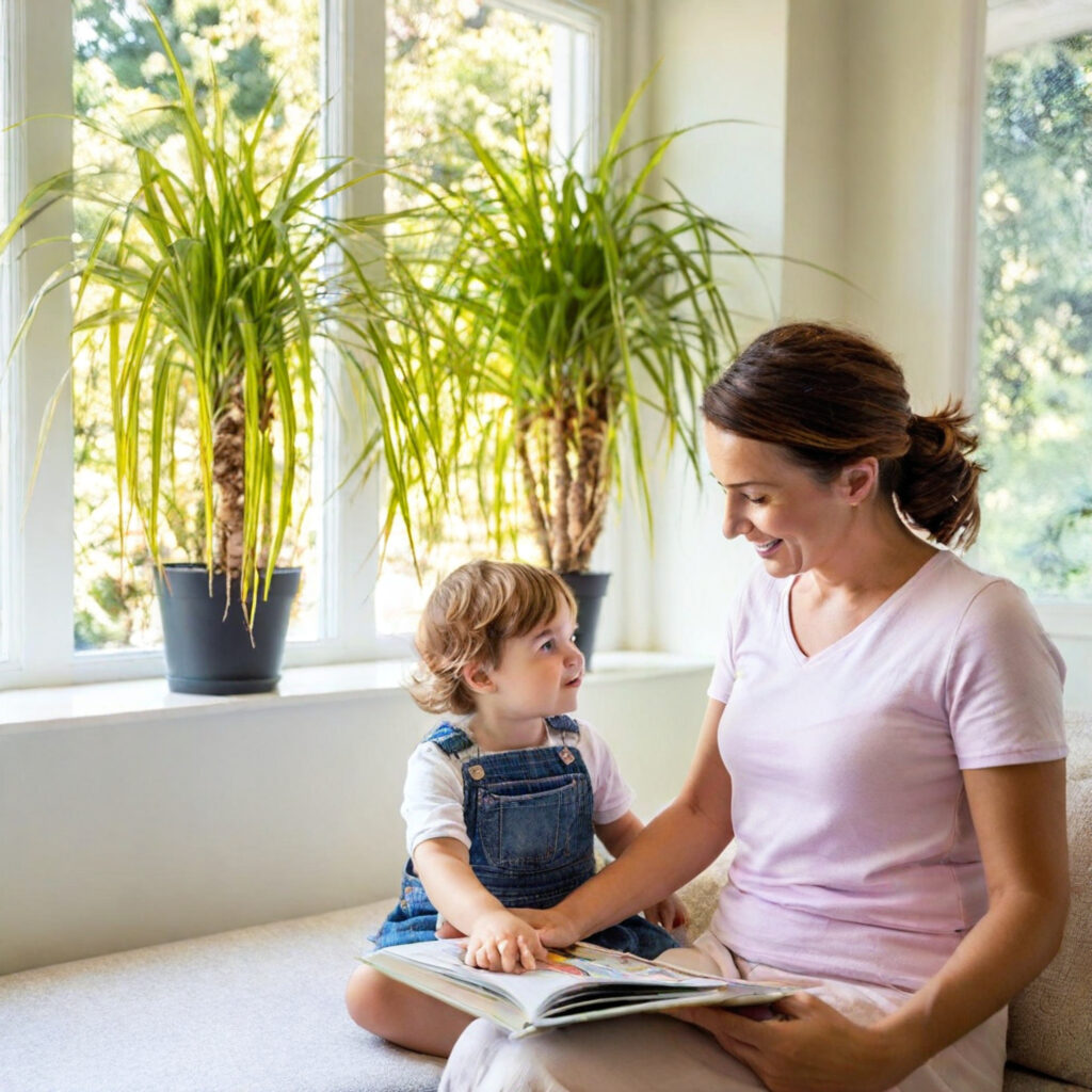 Mother and child enjoy space near a window