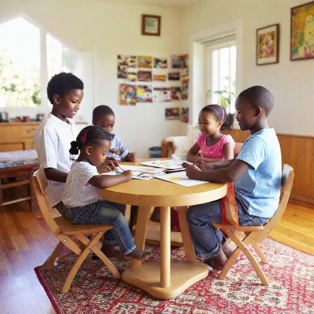 african american kids coloring at a small craft table.